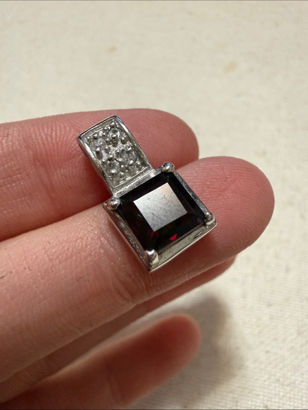 Sterling Silver 925 Deep Garnet Square Pendant